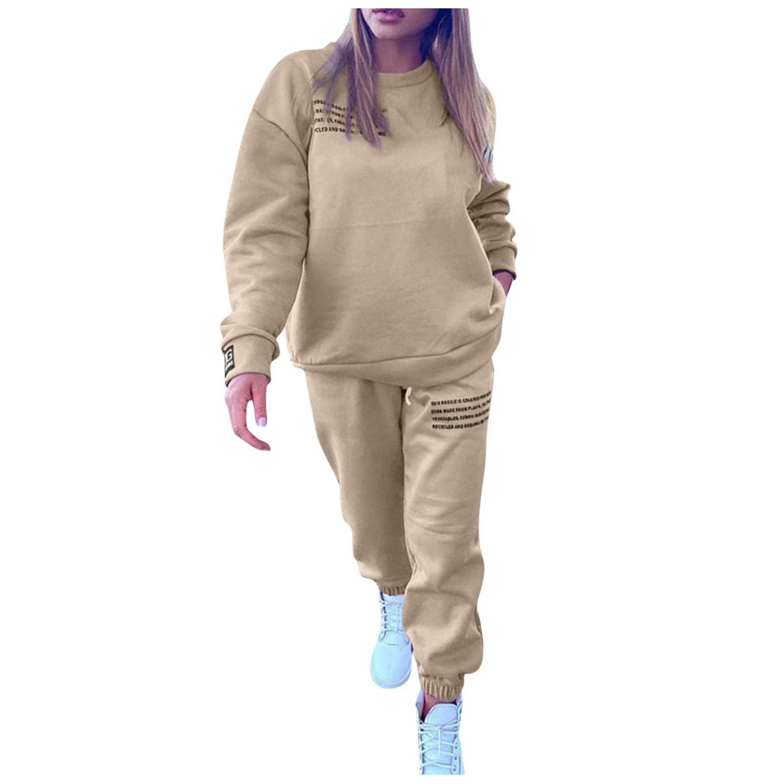 thumbnail image 1 of Conjunto de chándal de mujer con estampado de letras de 2 piezas: camiseta de manga larga con cuello redondo y pantalones holgados, informal/deportivo, otoño/invierno (S-XL), 1 of 3